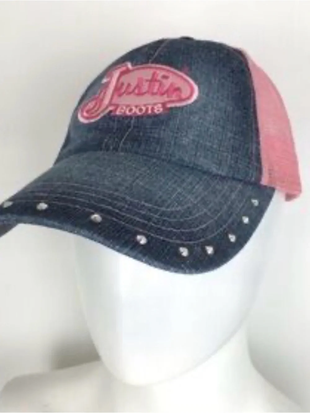 Justin Boots Pink Mesh and Denim Cap with Crystal Brim. Cowgirl Blue and Black.
